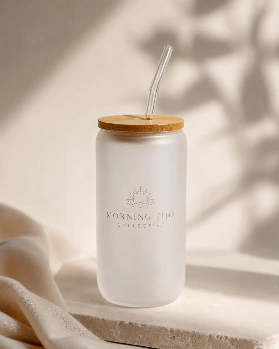 [PROMO-16OZ-FROSTED-GLASS-CUP] 16 oz Frosted Glass Cup with Bamboo Lid and Straw